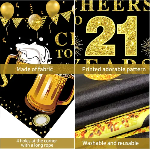 Miniatura 6 de Decoración de pancarta de feliz cumpleaños número 21, suministros de fiesta de telón de fondo de texto en negro y dorado con texto en inglés "Cheers