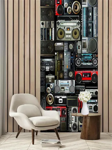 Miniatura 5 de artfanke Adhesivo 3D para puerta, 33.5 x 84.6 pulgadas, papel tapiz autoadhesivo impermeable, mural para puerta, póster vintage de radio Boombox