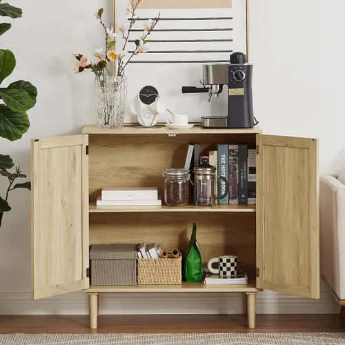 Miniatura 4 de Aparador de buffet Armarios de almacenamiento de cocina con puertas decoradas de ratán de madera natural, armario de licor, pasillo, mesa de consola