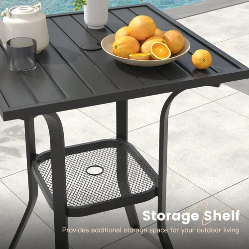 Miniatura 5 de VICLLAX Mesa de altura de barra para patio, mesa de bistró cuadrada para exteriores con agujero para paraguas, marco de metal y diseño de listones