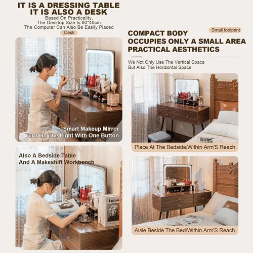 Miniatura 7 de Tocador con espejo de luces, escritorio de maquillaje de madera con taburete acolchado, moderno escritorio de tocador para dormitorio con taburete