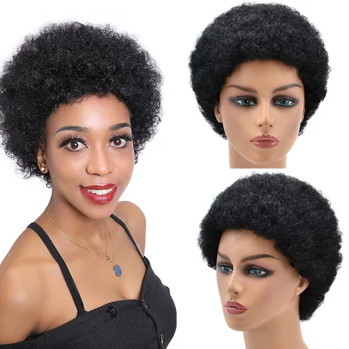 Miniatura 8 de Pelucas afro para mujeres negras, sin pegamento, cabello humano corto, rizado, esponjoso, hechas a máquina, ligera, peluca completa de cabello