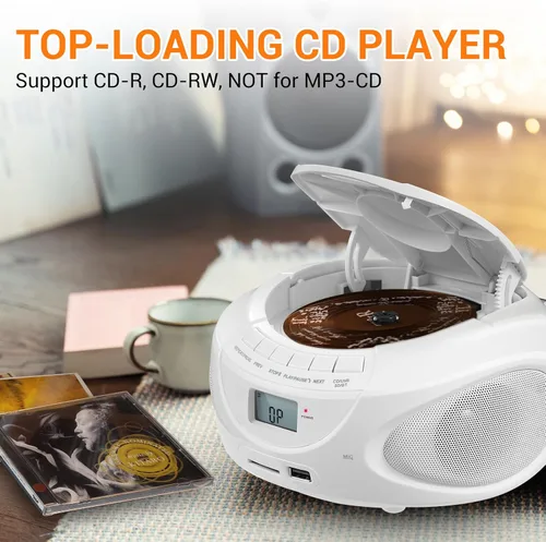 Miniatura 4 de Gelielim Boombox reproductor de CD portátil con Bluetooth, pequeña radio AM/FM, sonido estéreo, reproductor de disco de carga superior