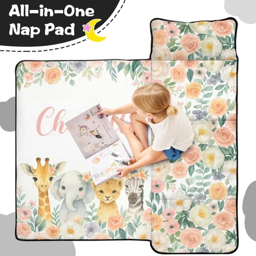Miniatura 2 de Tapete personalizado para siesta para niños pequeños con funda de almohada y manta, sacos de dormir de animales florales con nombre personalizado