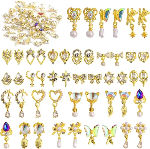 48 dijes colgantes de diamantes de imitación de lujo para uñas, dijes de corazón, gemas doradas, piedras de diamantes de metal de cristal para