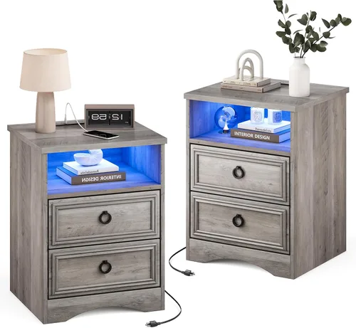 Miniatura 13 de LGHM Juego de 2 mesitas de noche con tira de luces de estación de carga, mesita de noche grande con 2 cajones, mesa auxiliar de cama decorativa