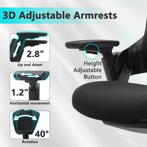 Miniatura 5 de CLATINA Silla de oficina ergonómica de tela con profundidad ajustable, altura del asiento, cabeza 2D, reposabrazos 3D y soporte lumbar, silla