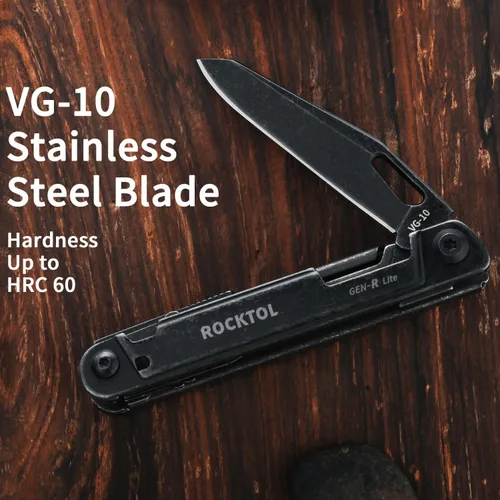 Miniatura 2 de ROCKTOL Multitool Gen-R Lite, Cuchillo de Bolsillo EDC Retro Negro con Hoja VG10, Multiherramienta Compacta 15-en-1 con Destornillador, Tijeras
