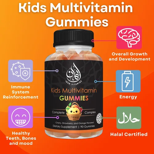 Miniatura 2 de Gomitas multivitamínicas Halal Kids Vitamina C, D, zinc, A, E, B6, B12, biotina, folato, inositol Fortalece el metabolismo, los huesos