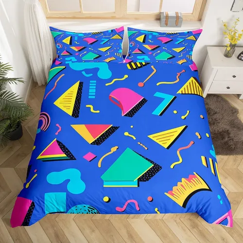Miniatura 16 de Juego de funda de edredón retro de los años 80 y 90 para hombres y niños, tamaño matrimonial, con formas geométricas redondas triangulares, funda