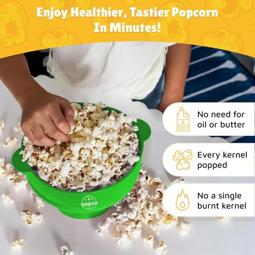 Miniatura 2 de POPCO - Palomitas de maíz de silicona para microondas - Palomitas de maíz plegables - Tazón de palomitas de maíz con asas y tapa - Apto para Verde