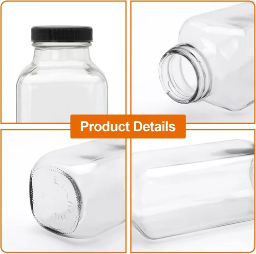 Miniatura 4 de Botellas de vidrio de 8 onzas con tapas, paquete de 16 recipientes reutilizables para jugo con cepillo de limpieza, botellas de agua de vidrio