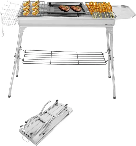 Outvita Parrilla de carbón portátil, 39 x 12 x 28 pulgadas, parrilla plegable de acero inoxidable y ahumador para cocinar al aire libre, camping,