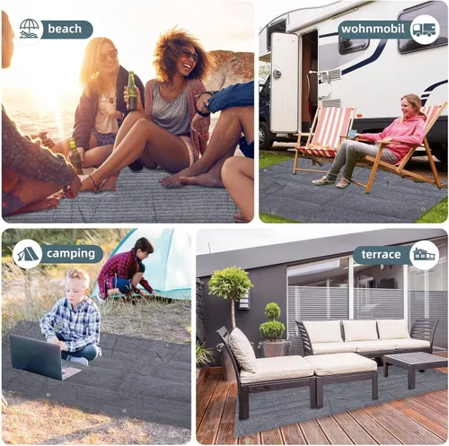Miniatura 8 de FoundGo Alfombra para toldo de polietileno de alta densidad con ojales, clavos, escoba, para caravana, patio, patio trasero, picnic, playa, Gris
