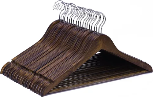 JS Hanger Perchas de madera para abrigos, paquete de 20 perchas de madera de alta calidad para trajes con barra antideslizante para pantalones -