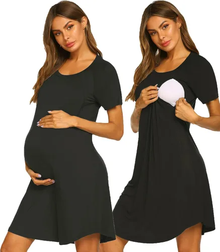 Ekouaer - Vestido 3 en 1 para maternidad, trabajo de parto y lactancia prenda para hospital, para dormir y amamantar.