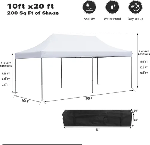 Miniatura 6 de Tienda de campaña desplegable de 10 x 20 pies, plegable, resistente, altura ajustable, refugio con bolsa con ruedas