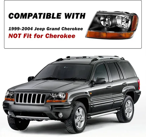 Miniatura 5 de SOCKIR Conjunto de faros delanteros compatible con Jeep Grand Cherokee 1999-2004 halógeno (carcasa negra, parte inferior ámbar, con bombillas)