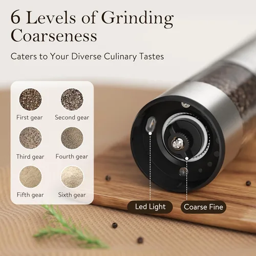 Miniatura 3 de Ultrean Juego de molinillo de sal y pimienta, salero y pimentero recargable, 6 grosores ajustables, luz LED, utensilios de cocina, regalos
