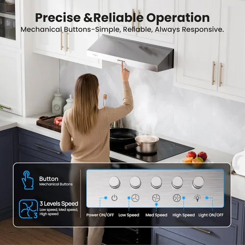 Miniatura 4 de VIKIO HOME Campana Extractora Bajo Gabinete de 30 Pulgadas, 1200 CFM de Doble Motor para Ventilación de Cocina con Luces LED, Control de Botones