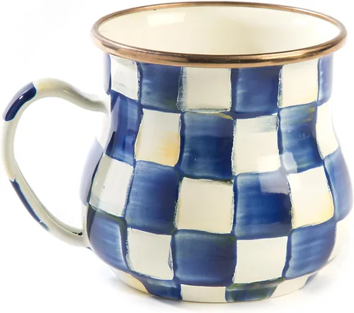 Miniatura 9 de MACKENZIE-CHILDS Taza de esmalte, linda taza de café y té de esmalte, vajilla única, 16 onzas, cuadro de corte negro y blanco, juego de 4