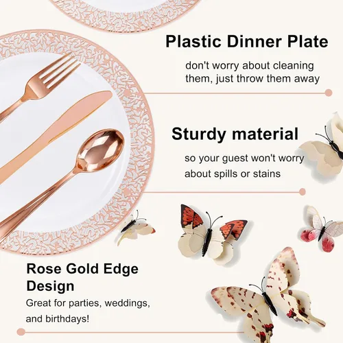 Miniatura 3 de Vajilla de plástico desechable de color dorado rosado, incluye: 50 platos de cena, 50 platos de postre, 50 servilletas enrolladas con cubiertos