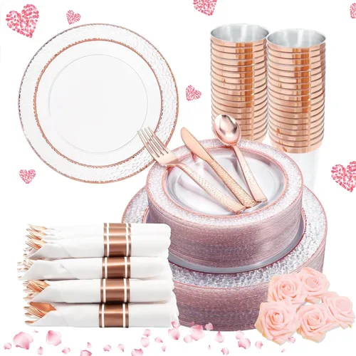 Liacere 350 platos de plástico color oro rosa, platos desechables de rosa transparente, 50 invitados, incluyen 50 platos llanos, 50 platos de