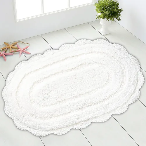 Chardin home Alfombra de baño de ganchillo blanco, 100% algodón ovalada con borde de ganchillo artesanal hecho a mano, 21 x 34 pulgadas, alfombra