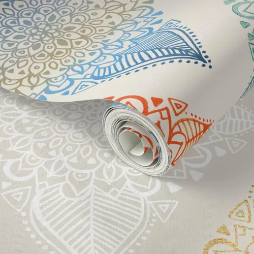 Miniatura 2 de Spoonflower Papel tapiz para despegar y pegar, diseño de diamantes bohemios, mandala de diamante bohemio, azul, mostaza, floral, papel tapiz