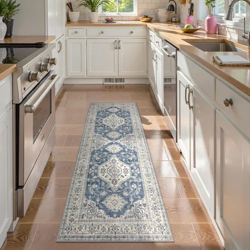 Miniatura 48 de Lahome Alfombra oriental lavable de área pequeña, 2 x 3 pies, para entrada, cocina, ultra fina, suave, tapete antideslizante para puerta de Azul