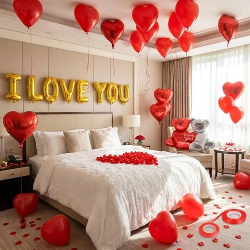 Miniatura 5 de Juego de globos y globos de aniversario, kit romántico de globos de corazón con rosa roja, decoraciones de aniversario para boda, confesión