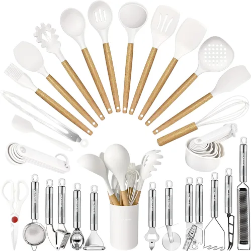 Juego de utensilios de cocina - 35 piezas de utensilios de cocina con rallador, pinzas, espátula de cuchara y girador hechos de silicona resistente