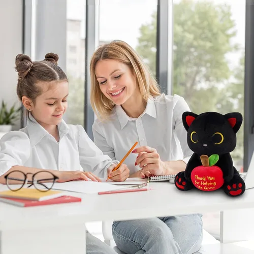 Miniatura 3 de Peluche de gato negro con manzana roja, regalo de agradecimiento para profesores, agradecimiento por ayudarme a crecer, bonito peluche de gato de 8