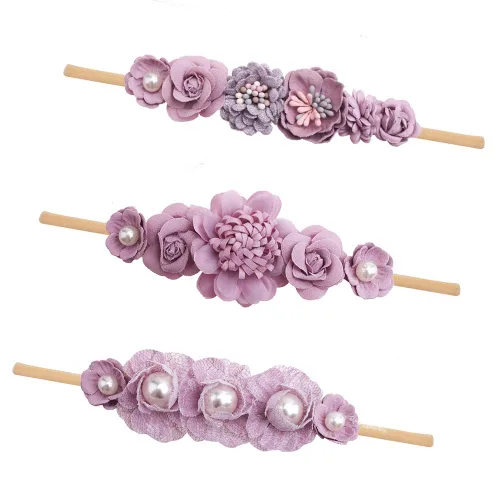 Miniatura 20 de cherrboll 3 diademas de flores para bebé, súper suaves y elásticas, de nailon, para recién nacidas Rosa (Rose Bloom)