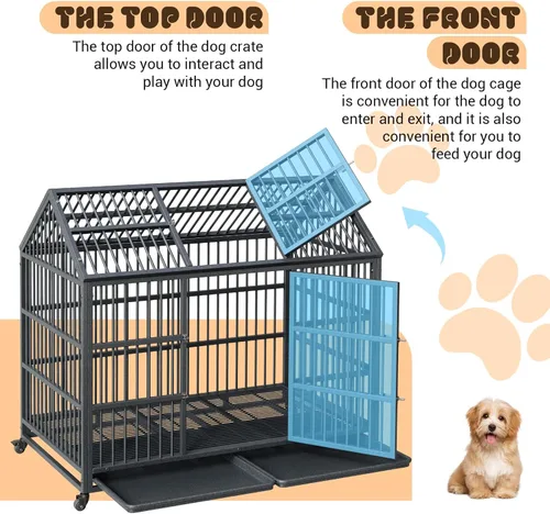 Miniatura 4 de 52-Inch Escape-Proof Dog Crate, Indestructible Steel Dog Kennel with Locking Wheels, Anxiety Relief Pet Cage for Medium/Large Dogs, Indoor/Outdoor