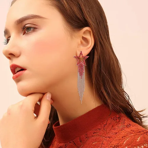 Miniatura 4 de EVER FAITH Aretes de borla de estrella para mujer, aretes largos de cristal de diamantes de imitación con cuentas de cascada con flecos, aretes