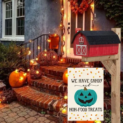 Miniatura 3 de AVOIN colorlife Bandera de jardín de calabaza verde azulado Jack-O'-Lantern de doble cara, con texto en inglés "We Have Candy Non-Food Treats