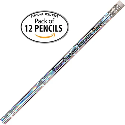 Miniatura 2 de Express Pencils™ Lápices personalizados – Redondo – Tema láser – Impreso personalizado con tu mensaje, texto o logotipo, paquete de 12 – plateado