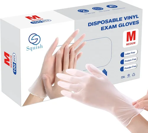 Guantes desechables, guantes de vinilo transparente Squish sin látex, guantes de salud para cocina, manejo de alimentos, 100 unidades/caja, talla M