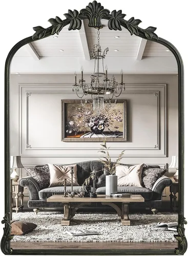 Miniatura 20 de WallBeyond Espejo vintage negro para tocador de 32x24 pulgadas, espejo negro antiguo con marco ornamentado, pared vintage arqueada para baño, sala