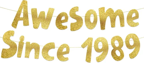 Pancarta dorada con purpurina preencordada impresionante desde 1989, divertidas decoraciones de cumpleaños y aniversario para hombres y mujeres,