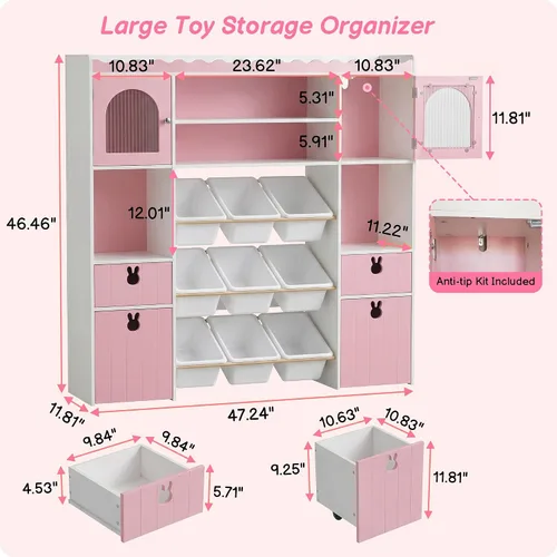 Miniatura 3 de 46.46" H Kids Toy Storage Organizer,Toy Chest with Book Shelf,Toy Bins,Storage Cubbies,Drawer and Rolling Cubbies,Easy Access and Clean,Space Saving