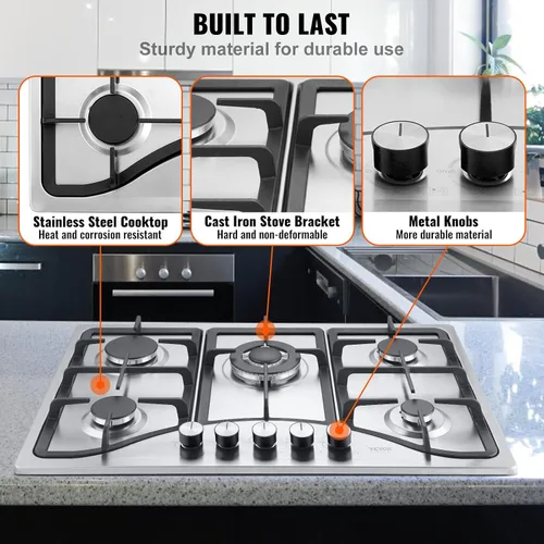 Miniatura 5 de VEVOR Placa de cocina de 30 pulgadas con 5 quemadores, 12250 BTU máx., estufa integrada de acero inoxidable, combustible dual GLP/GN, estufa de gas