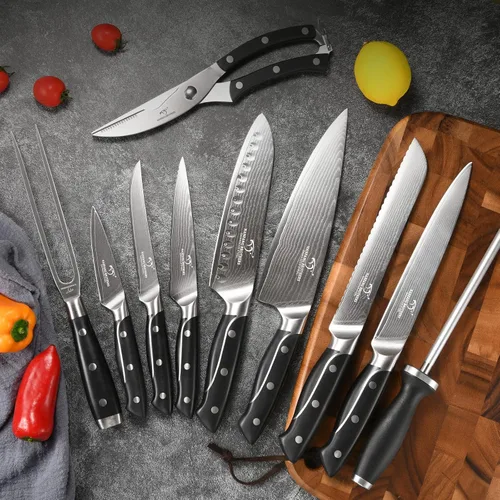 Miniatura 5 de Juego de cuchillos de cocina de Damasco de 18 piezas, 8 cuchillos de carne, mango ergonómico de ABS antideslizante triple remache para tenedor