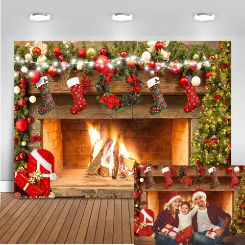 Miniatura 8 de Mocsicka Telón de fondo de chimenea de 5 x 3 pies, decoración de fiesta familiar, decoración de fotos de fotos, calcetines de Navidad, árboles