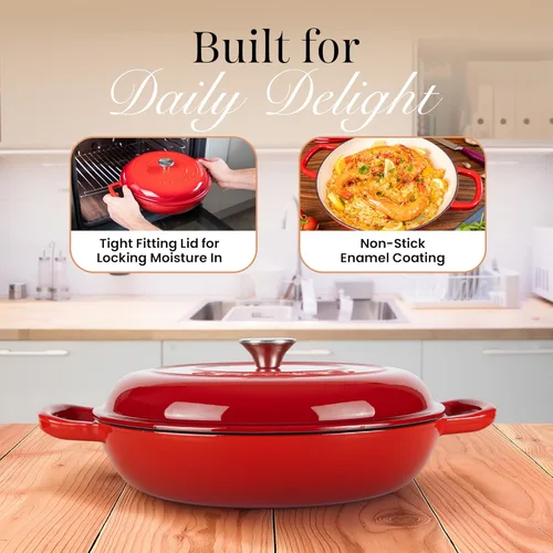 Miniatura 8 de Cacerola poco profunda de hierro fundido con tapa – Olla de horno holandés antiadherente, apta para horno hasta 500° F – Ollas de cocina resistentes