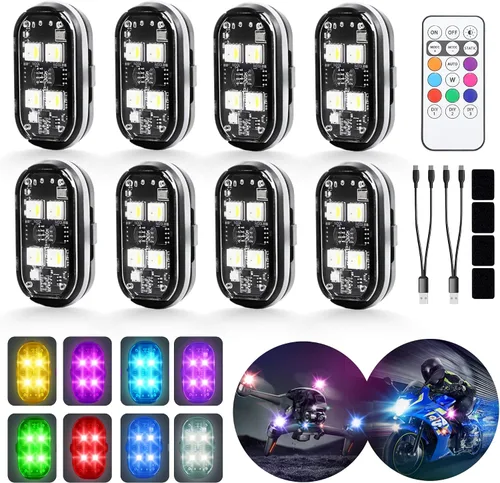 8 luces LED estroboscópicas inalámbricas de 4 LED con control remoto de alto brillo, luz LED inalámbrica, 8 colores, impermeables, anticolisión,