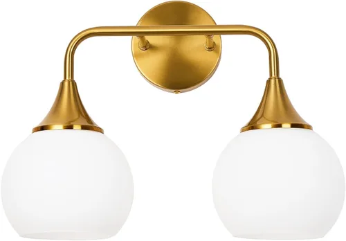 Miniatura 2 de Lámparas doradas de baño con 2 luces de tocador con pantalla de vidrio blanco leche, luces de tocador para baño, aplique de pared moderno para baño