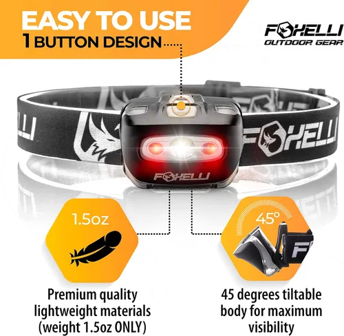 Miniatura 2 de Foxelli Linterna de Cabeza LED para Adultos y Niños, para Correr, Acampar, Hacer Senderismo, Faro de Cabeza con Luz Blanca y Roja, Diadema Cómoda