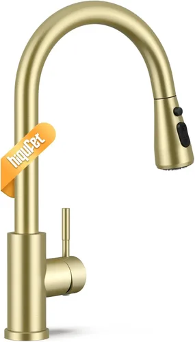 Miniatura 9 de Hiqufet Grifo de fregadero de cocina con rociador desplegable con placa de cubierta, grifo de arco alto de níquel cepillado, grifos modernos